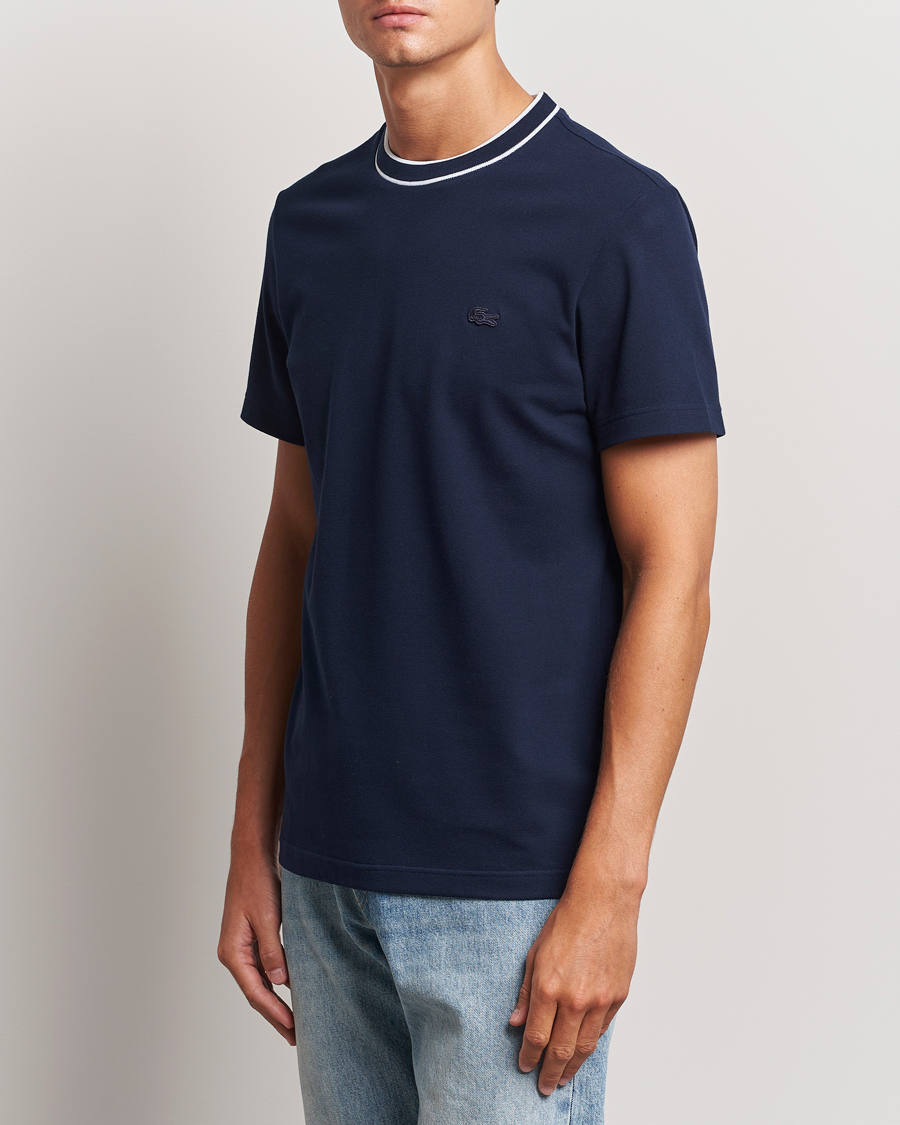 Men | T-Shirts | Lacoste | Contrast Rib Piqué T-Shirt Navy Blue