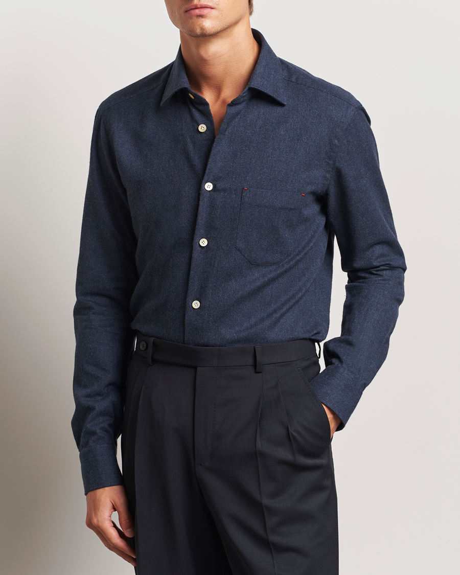 Men | Shirts | Kiton | Soft Flannel Sport Shirt Navy