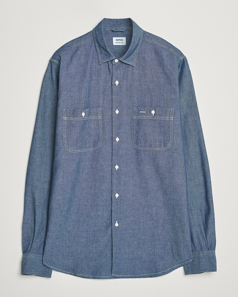 Men | Shirts | Aspesi | Double Pocket Chambray Shirt Dark Wash
