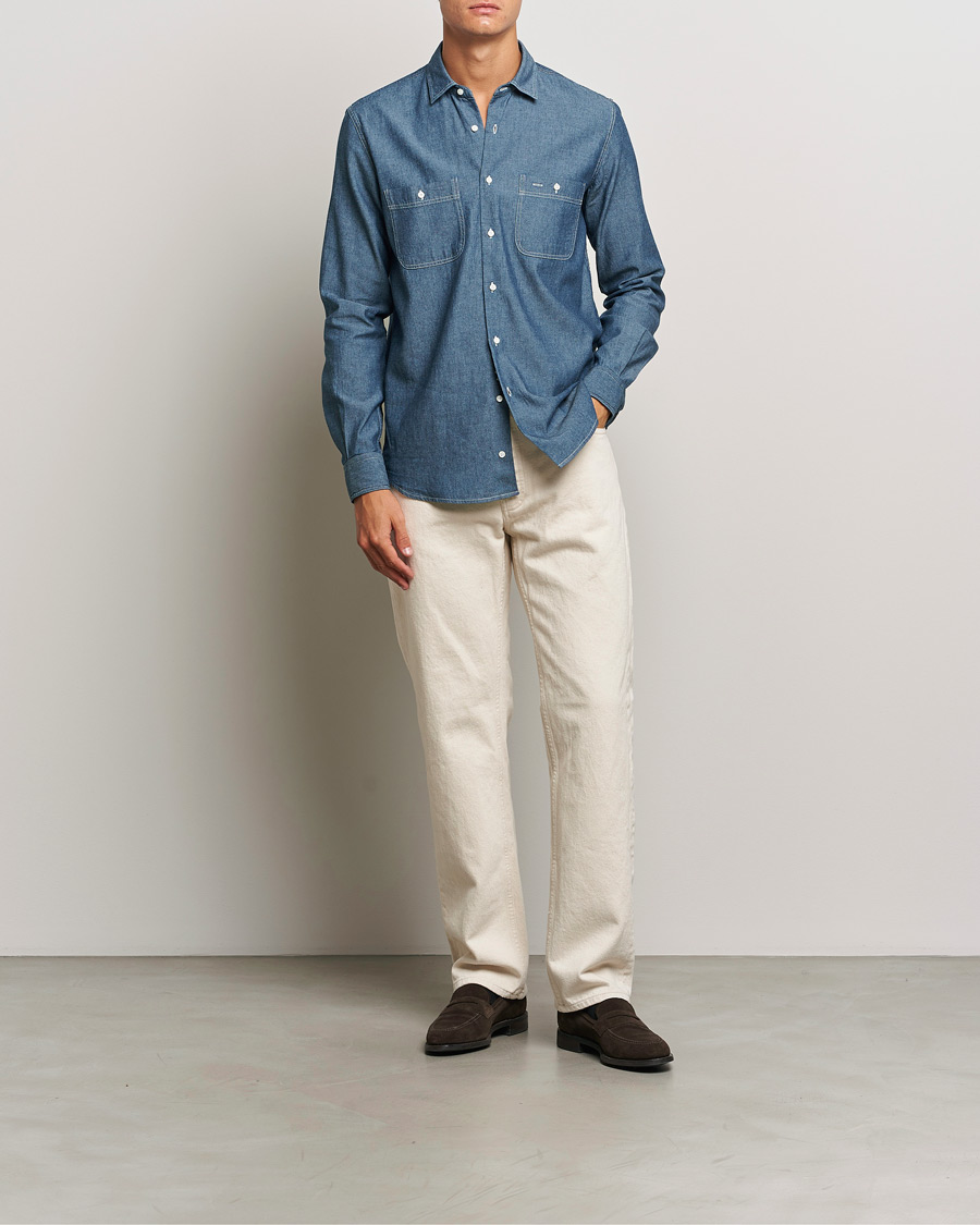 Men | Shirts | Aspesi | Double Pocket Chambray Shirt Dark Wash