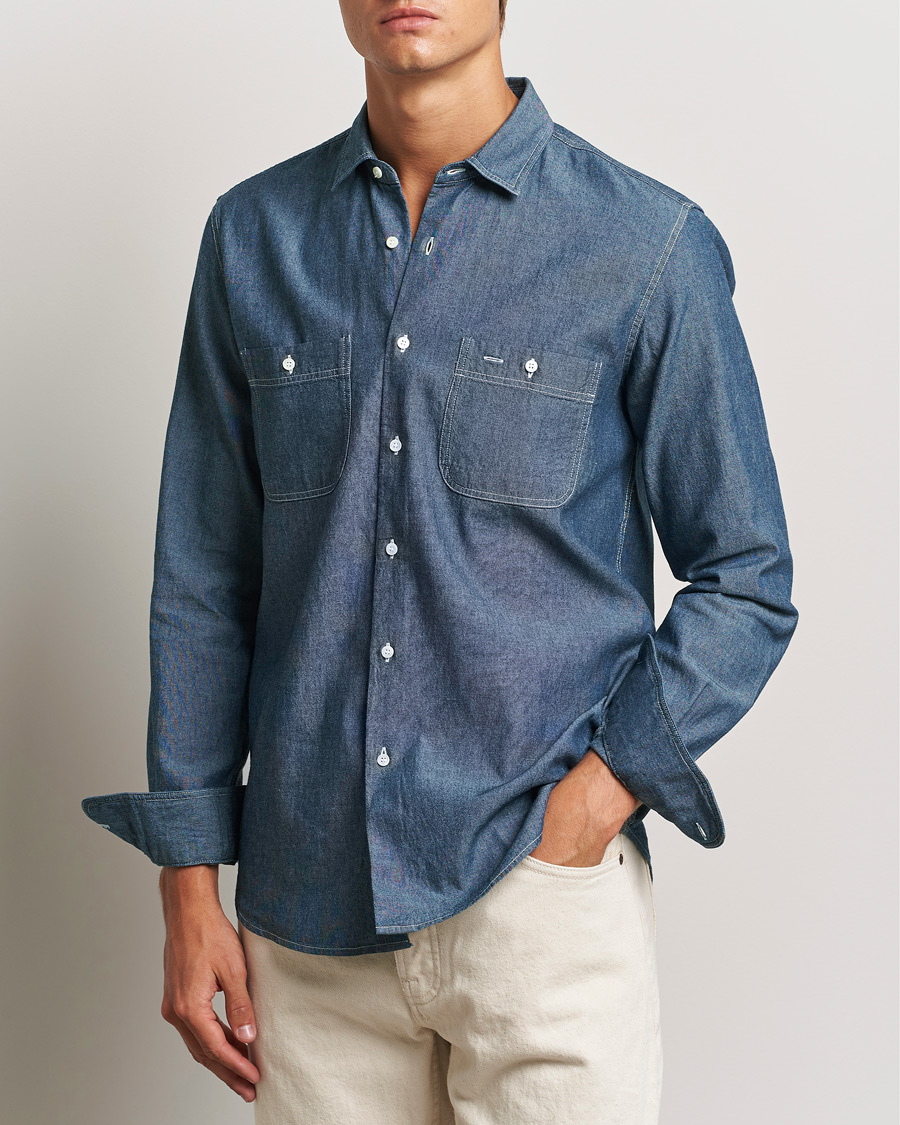 Men | Shirts | Aspesi | Double Pocket Chambray Shirt Dark Wash