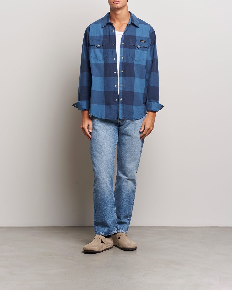 Men | Shirts | Nudie Jeans | George Checked Flannel Shirt Blue