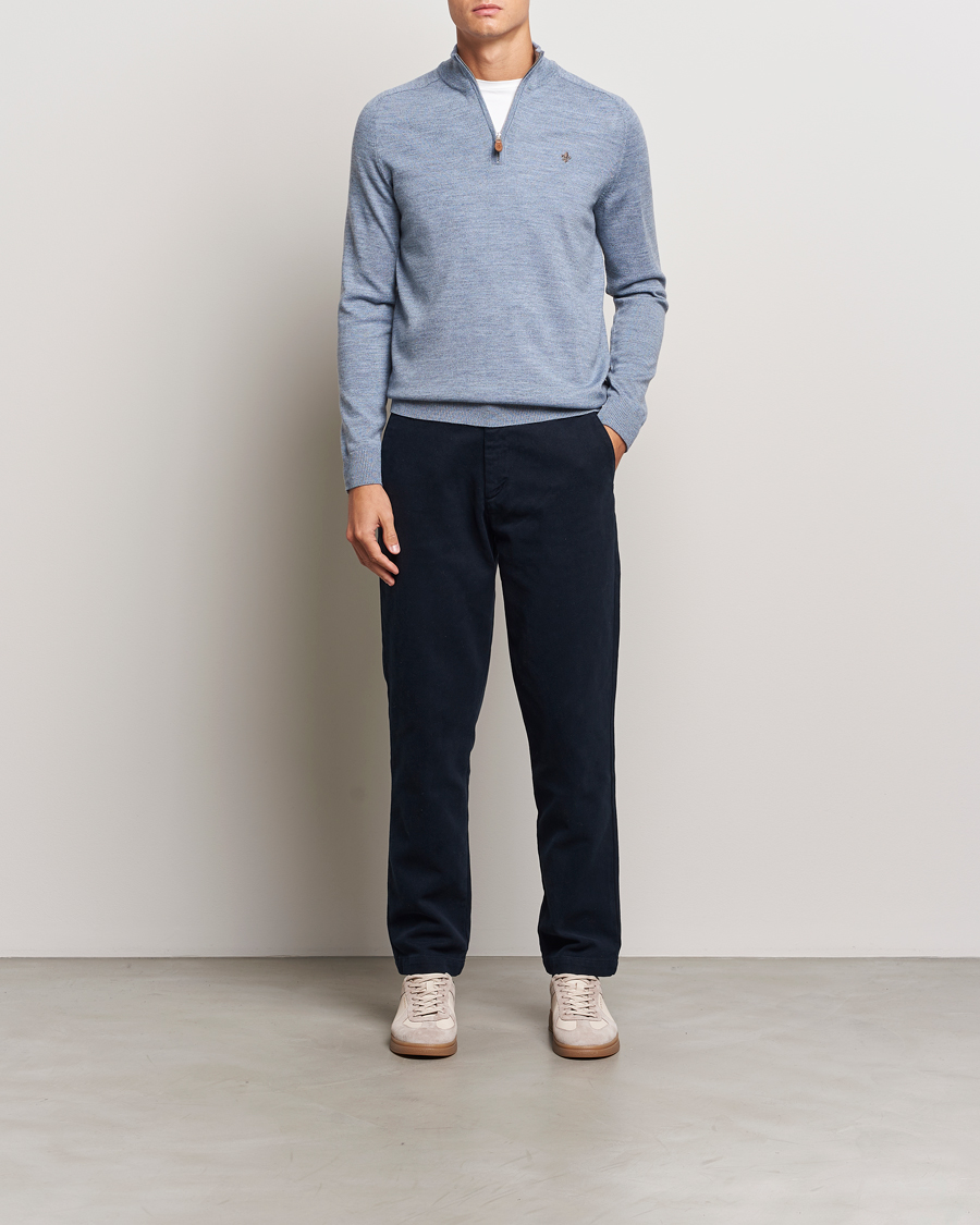 Men | Sweaters & Knitwear | Morris | John Merino Half Zip Light Blue