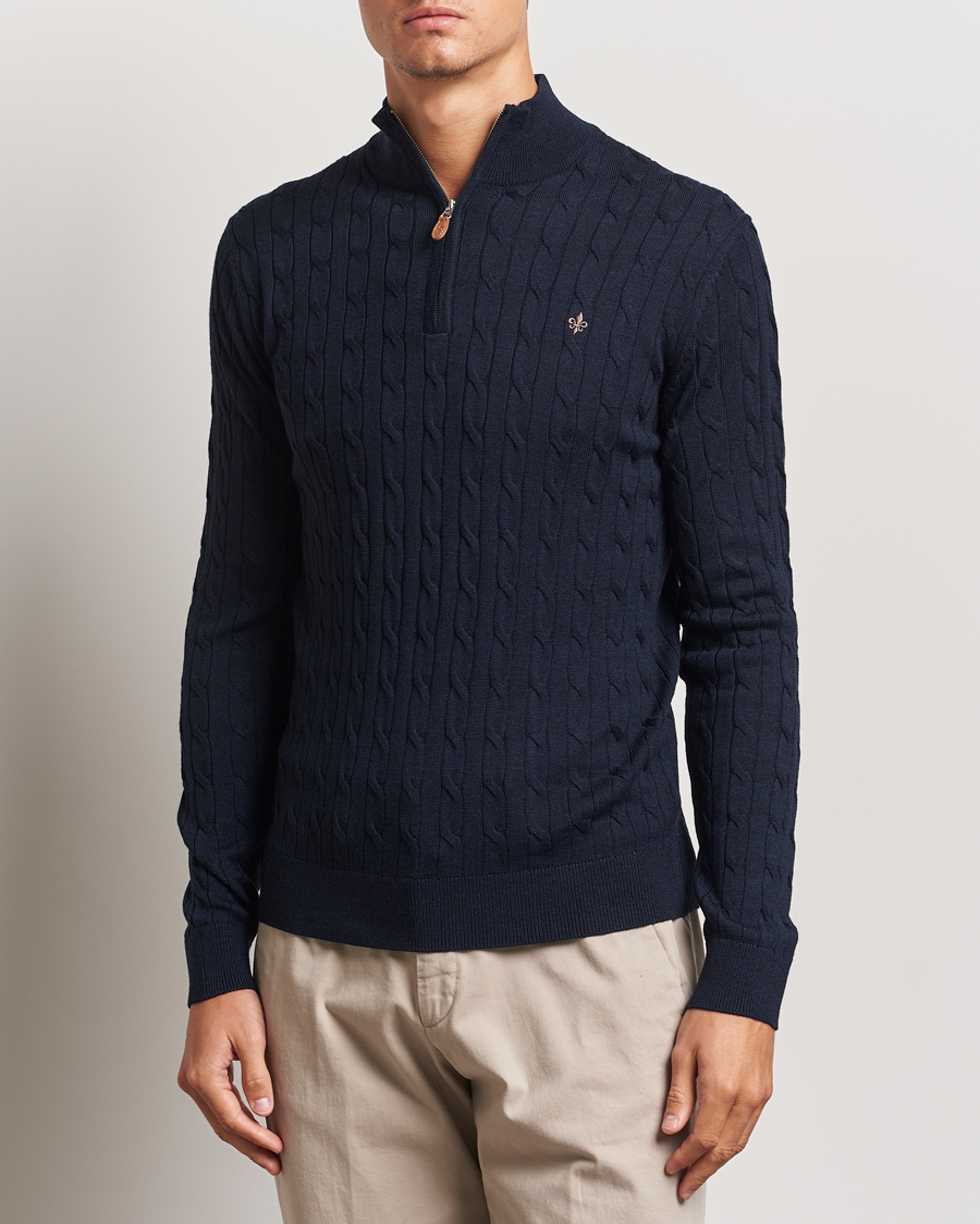 Men | Sweaters & Knitwear | Morris | Merino Cable Half Zip Navy