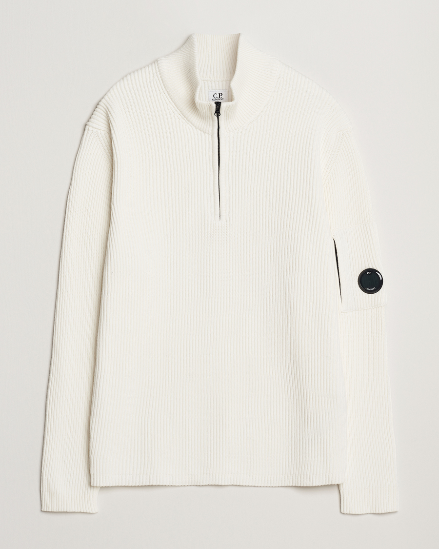 Men | Sweaters & Knitwear | C.P. Company | Full Rib Knitted Cotton Half Zip Off White