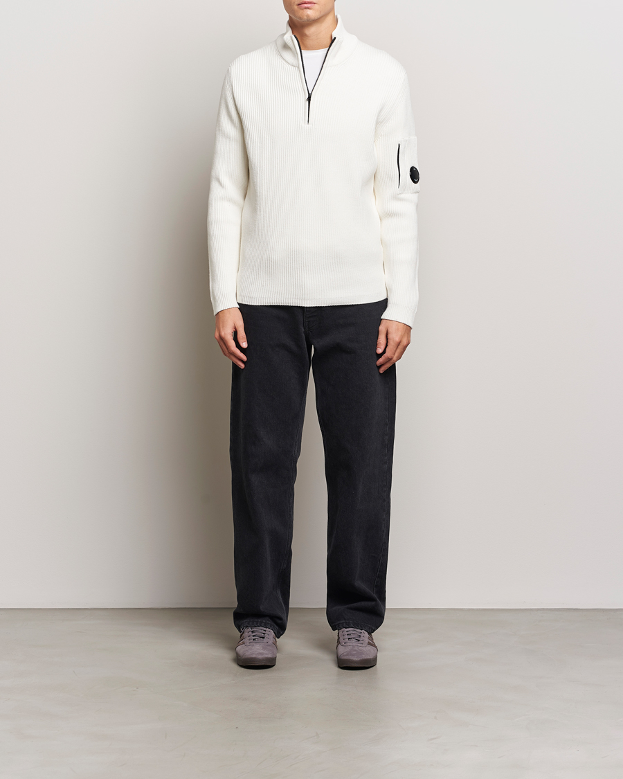 Men | Sweaters & Knitwear | C.P. Company | Full Rib Knitted Cotton Half Zip Off White