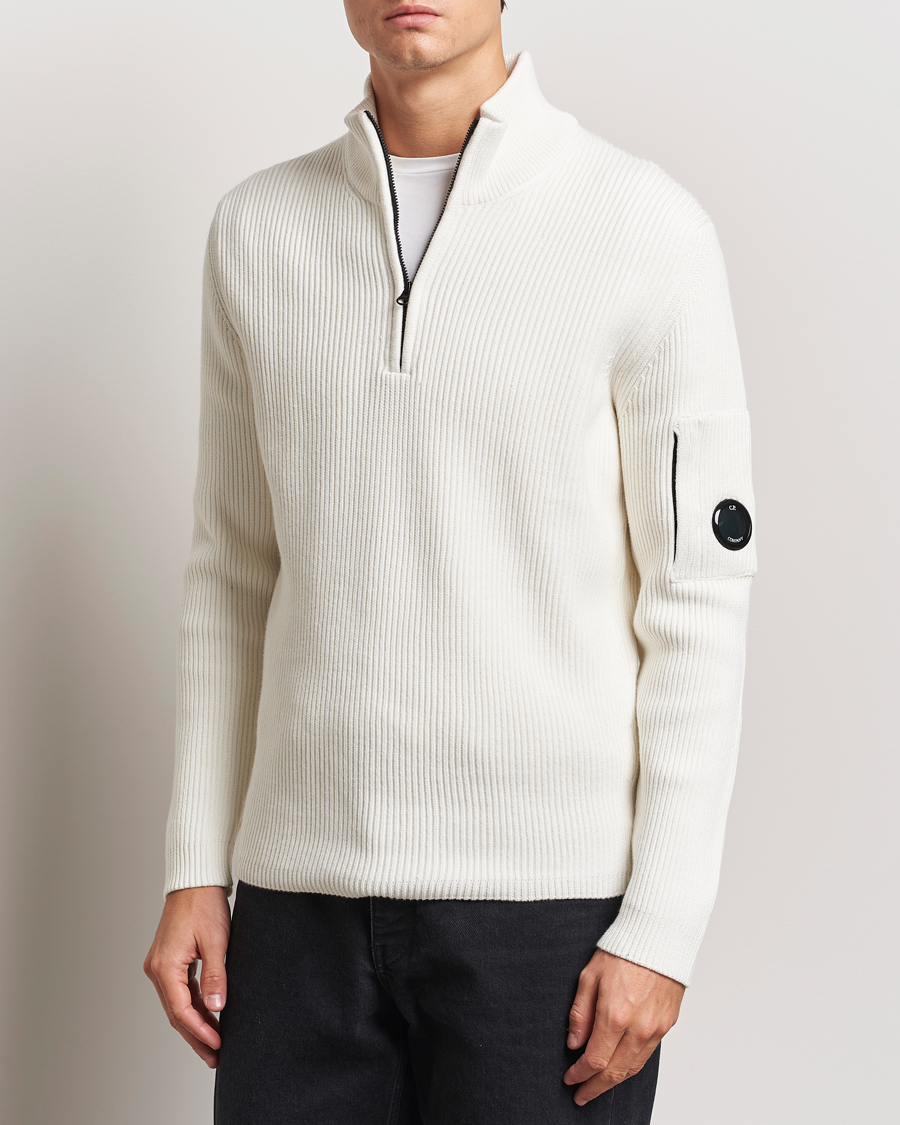 Men | Sweaters & Knitwear | C.P. Company | Full Rib Knitted Cotton Half Zip Off White