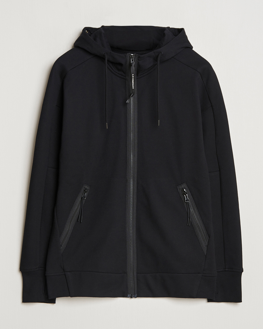Men | Sweaters & Knitwear | C.P. Company | Diagonal Raised Fleece Full Zip Goggle Hoodie Black