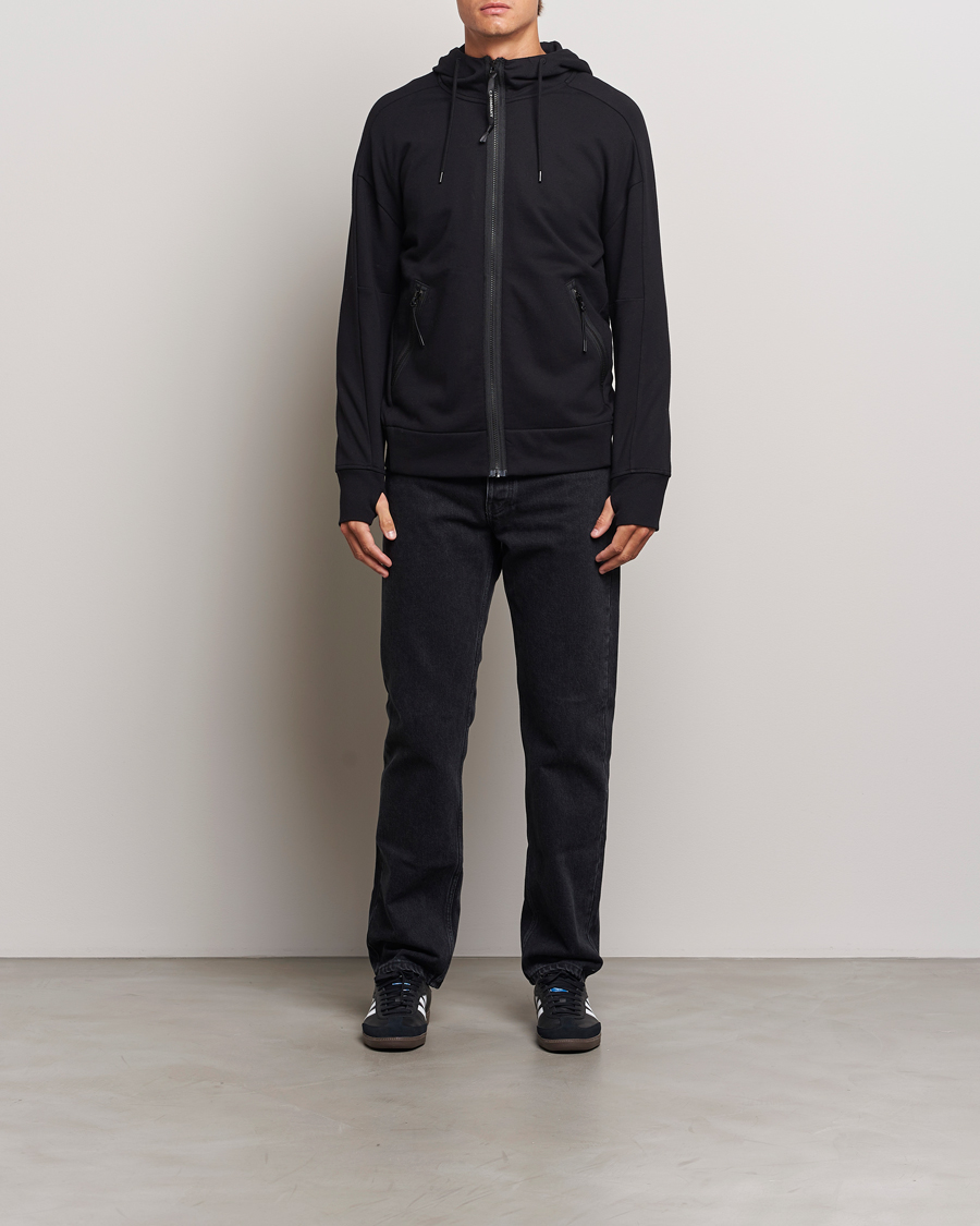 Men | Sweaters & Knitwear | C.P. Company | Diagonal Raised Fleece Full Zip Goggle Hoodie Black
