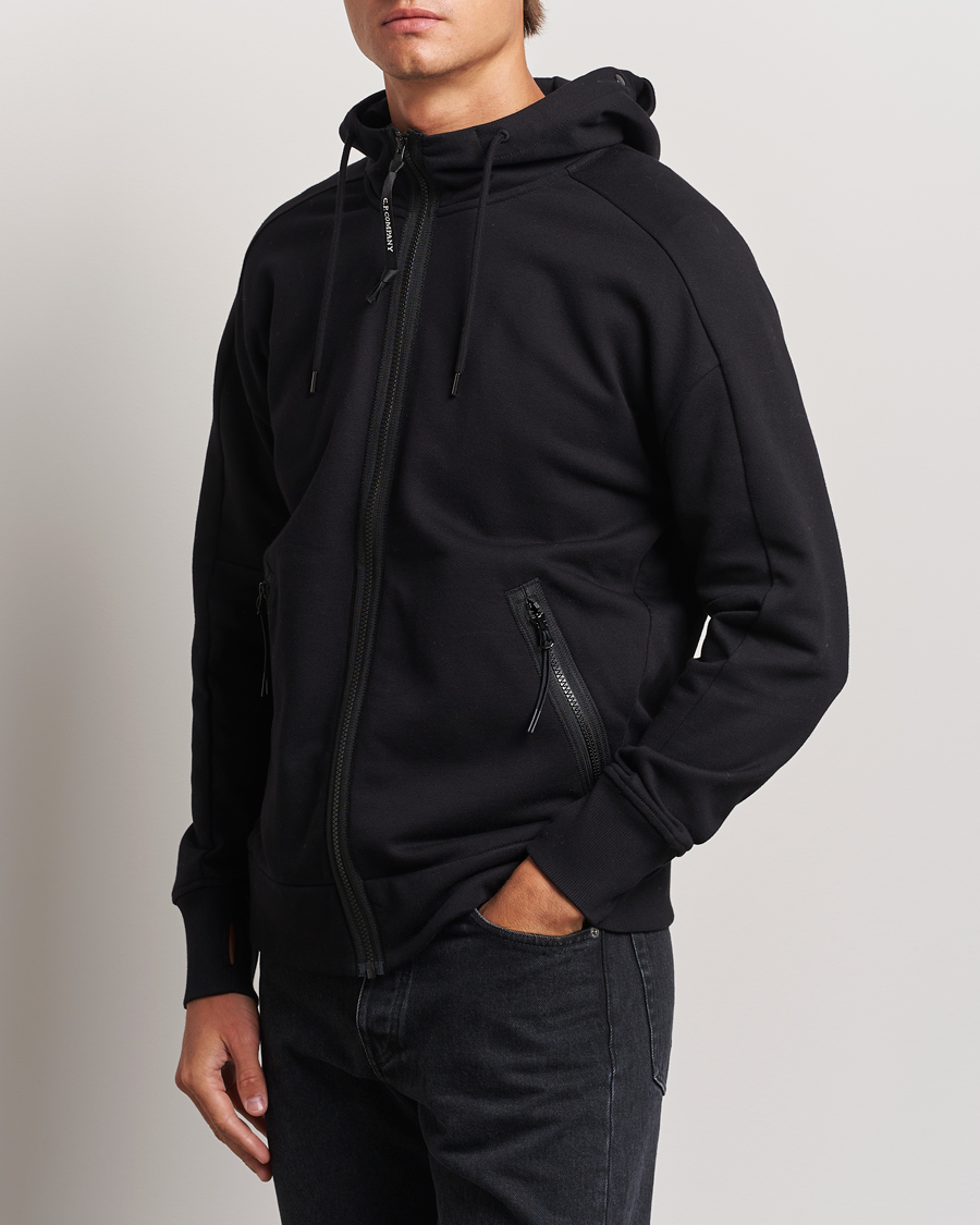 Men | Sweaters & Knitwear | C.P. Company | Diagonal Raised Fleece Full Zip Goggle Hoodie Black