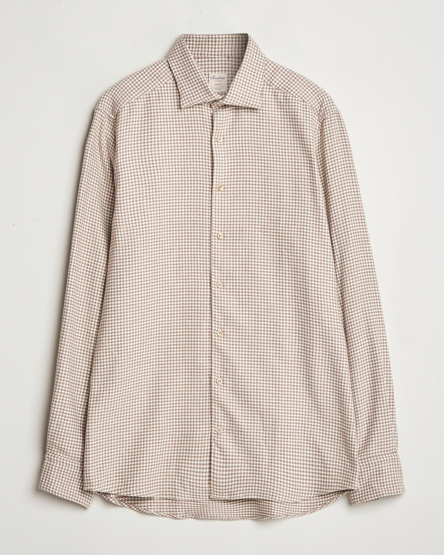 Men | Shirts | Stenströms | Slimline Flannel Houndstooth Shirt Light Brown
