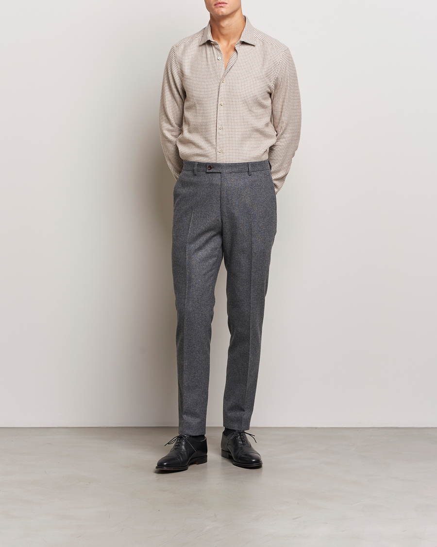 Men | Shirts | Stenströms | Slimline Flannel Houndstooth Shirt Light Brown