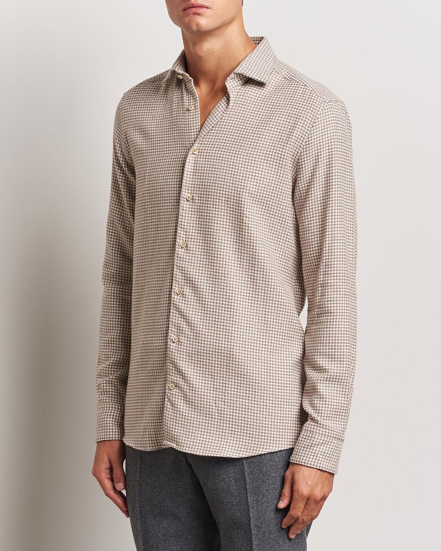 Men | Shirts | Stenströms | Slimline Flannel Houndstooth Shirt Light Brown