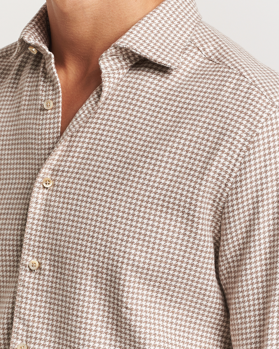 Men | Shirts | Stenströms | Slimline Flannel Houndstooth Shirt Light Brown
