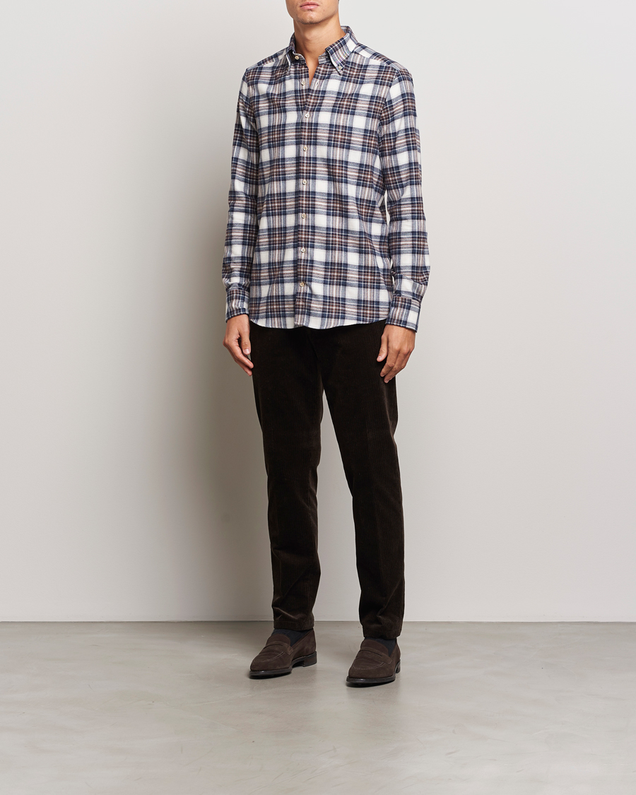 Men | Shirts | Stenströms | Slimline Flannel Big Checked Shirt Blue/Brown