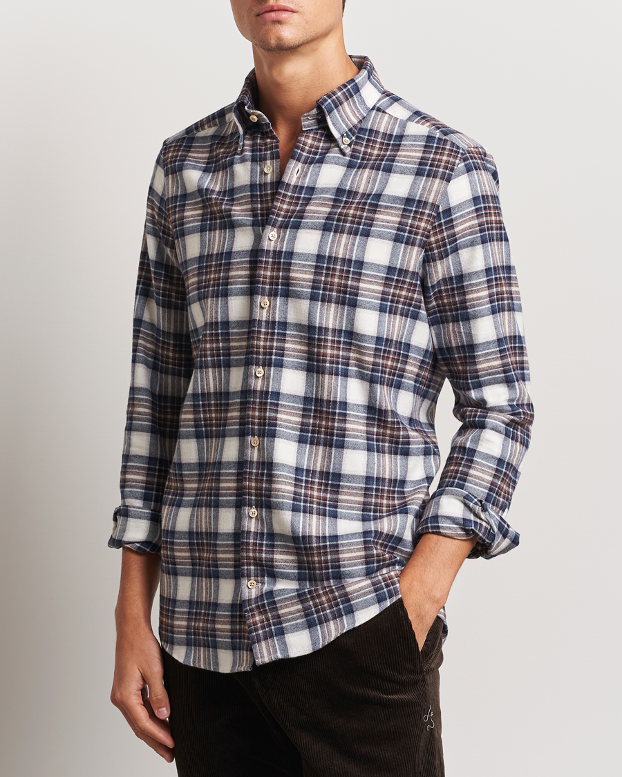 Men | Shirts | Stenströms | Slimline Flannel Big Checked Shirt Blue/Brown