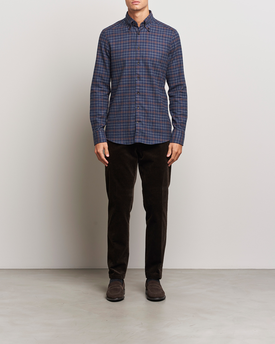 Men | Shirts | Stenströms | Slimline Small Check Flannel Shirt Dark Blue
