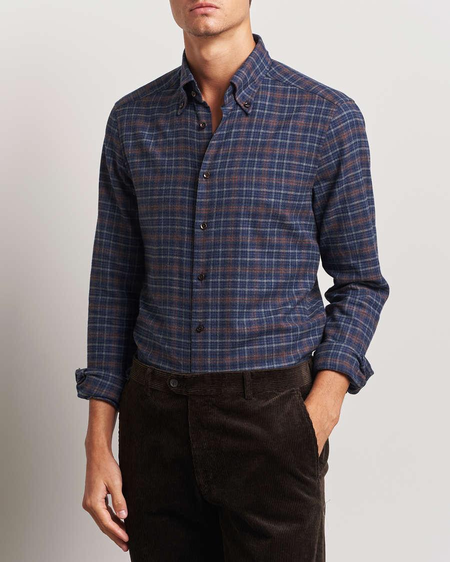 Men | Shirts | Stenströms | Slimline Small Check Flannel Shirt Dark Blue