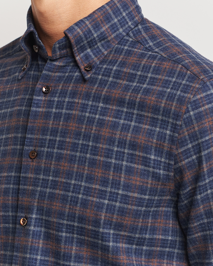 Men | Shirts | Stenströms | Slimline Small Check Flannel Shirt Dark Blue