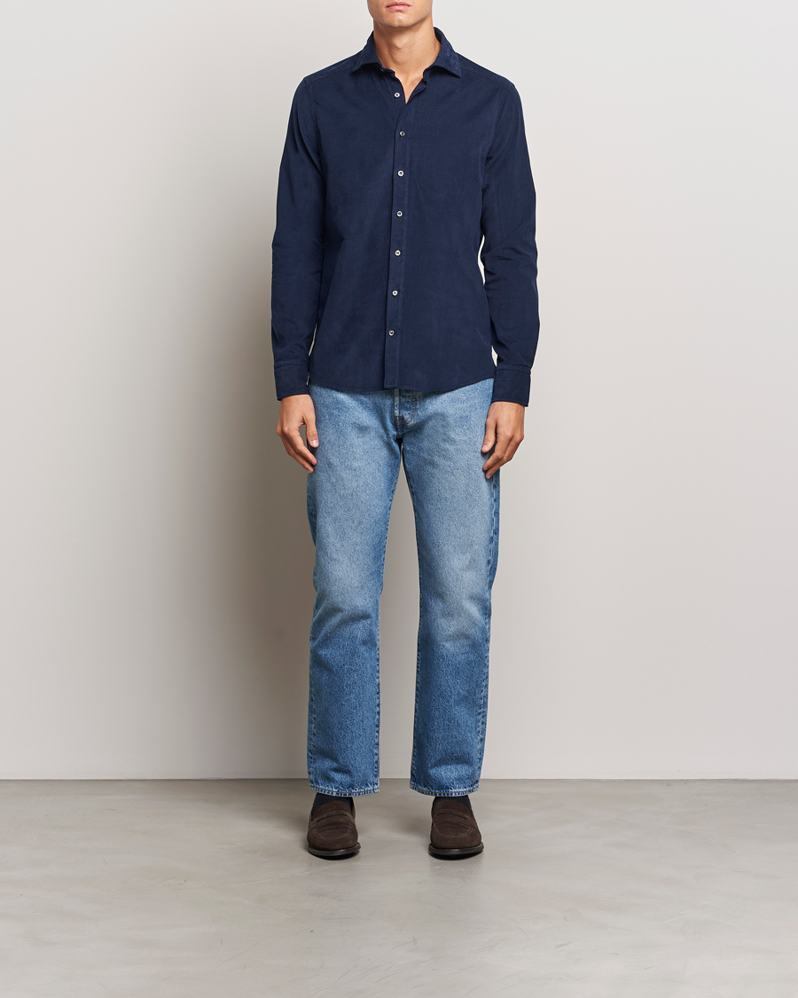 Men | Shirts | Stenströms | Slimline Cut Away Cord Shirt Blue