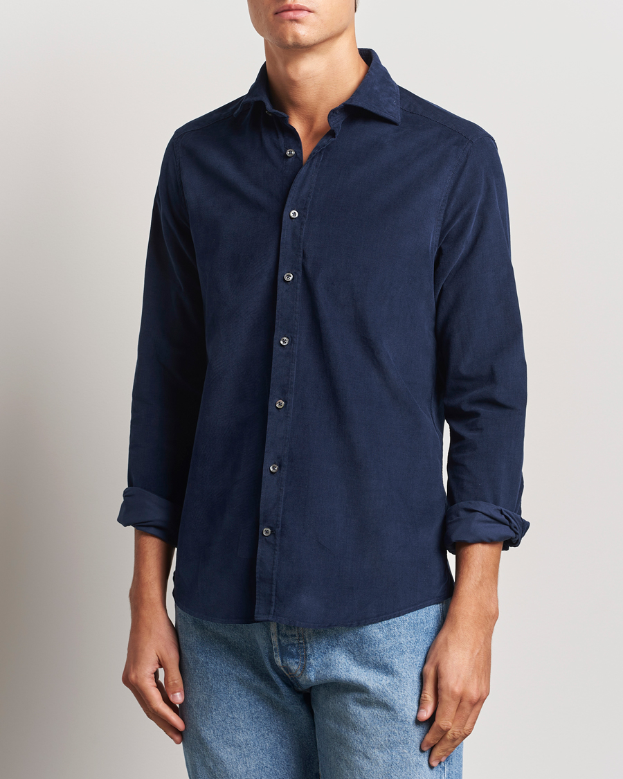Men | Shirts | Stenströms | Slimline Cut Away Cord Shirt Blue