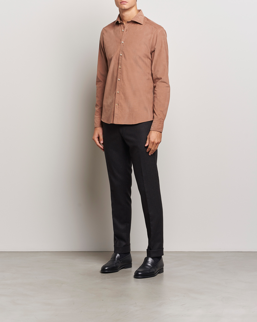 Men | Shirts | Stenströms | Slimline Cut Away Cord Shirt Light Brown