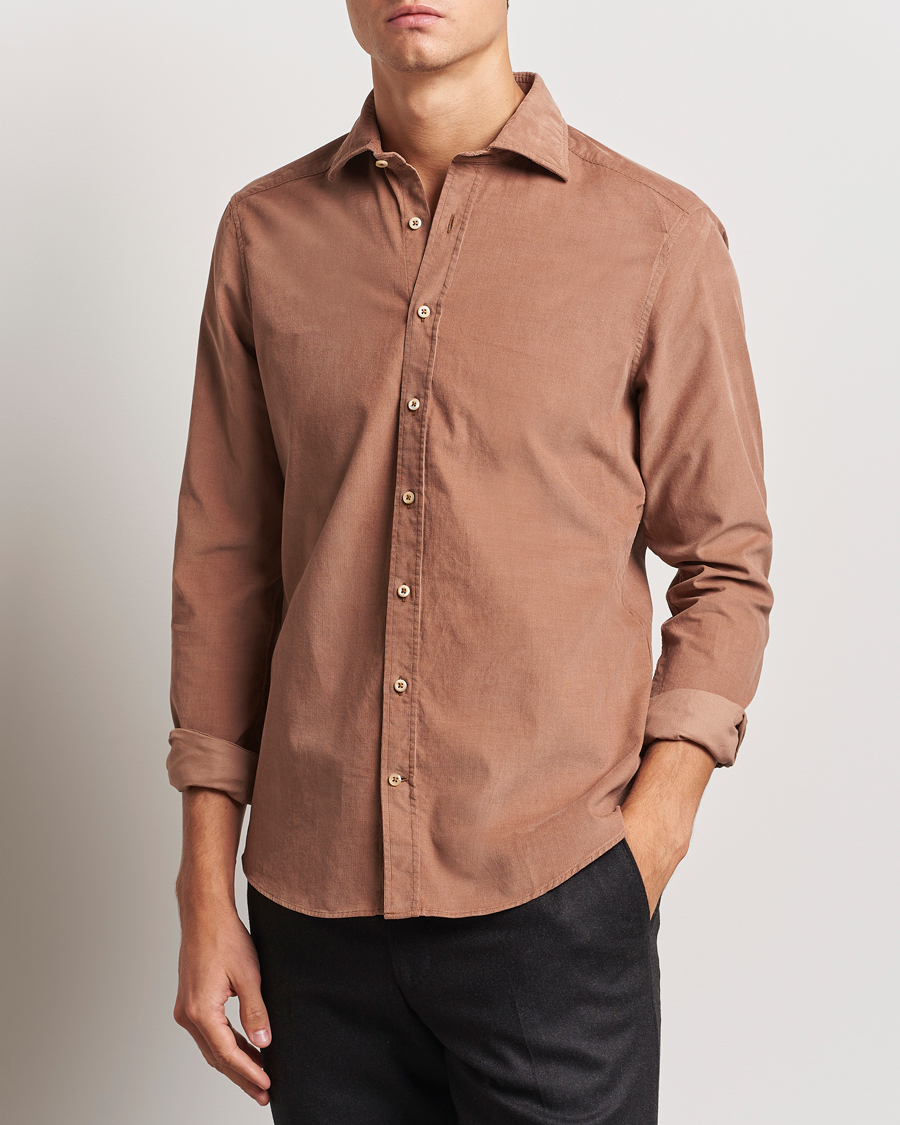 Men | Shirts | Stenströms | Slimline Cut Away Cord Shirt Light Brown