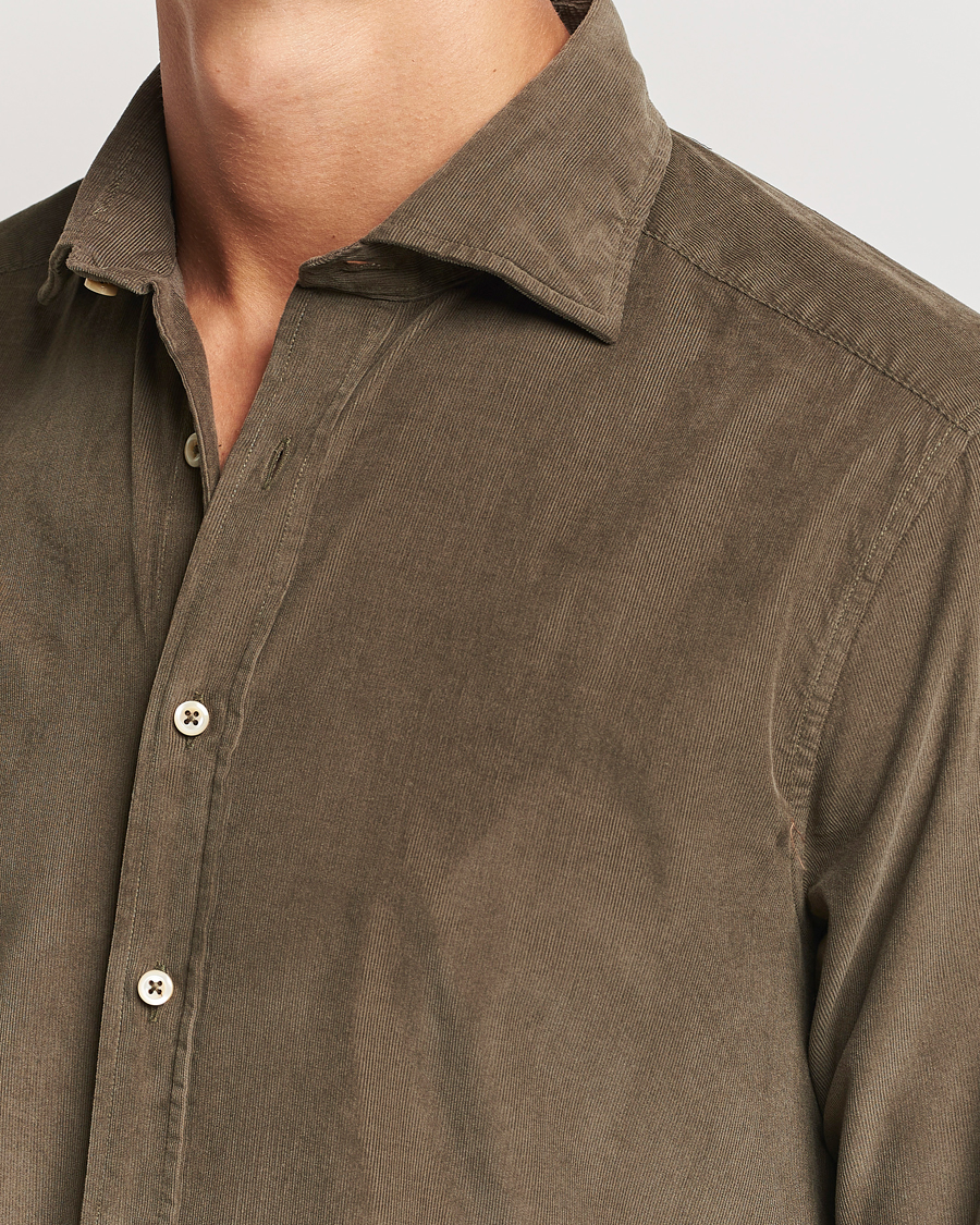 Men | Shirts | Stenströms | Slimline Cut Away Cord Shirt Dark Green