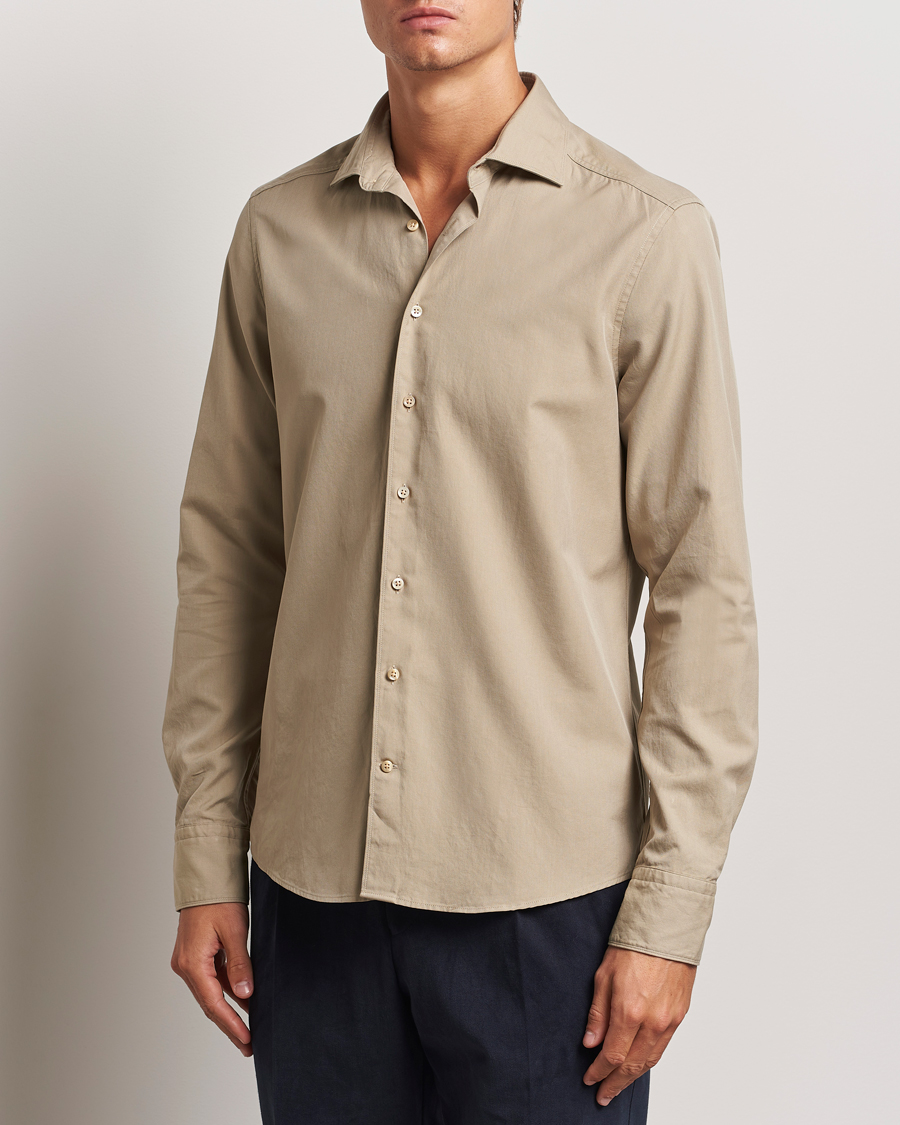 Men | Shirts | Stenströms | Slimline Cut Away Washed Twill Shirt Beige
