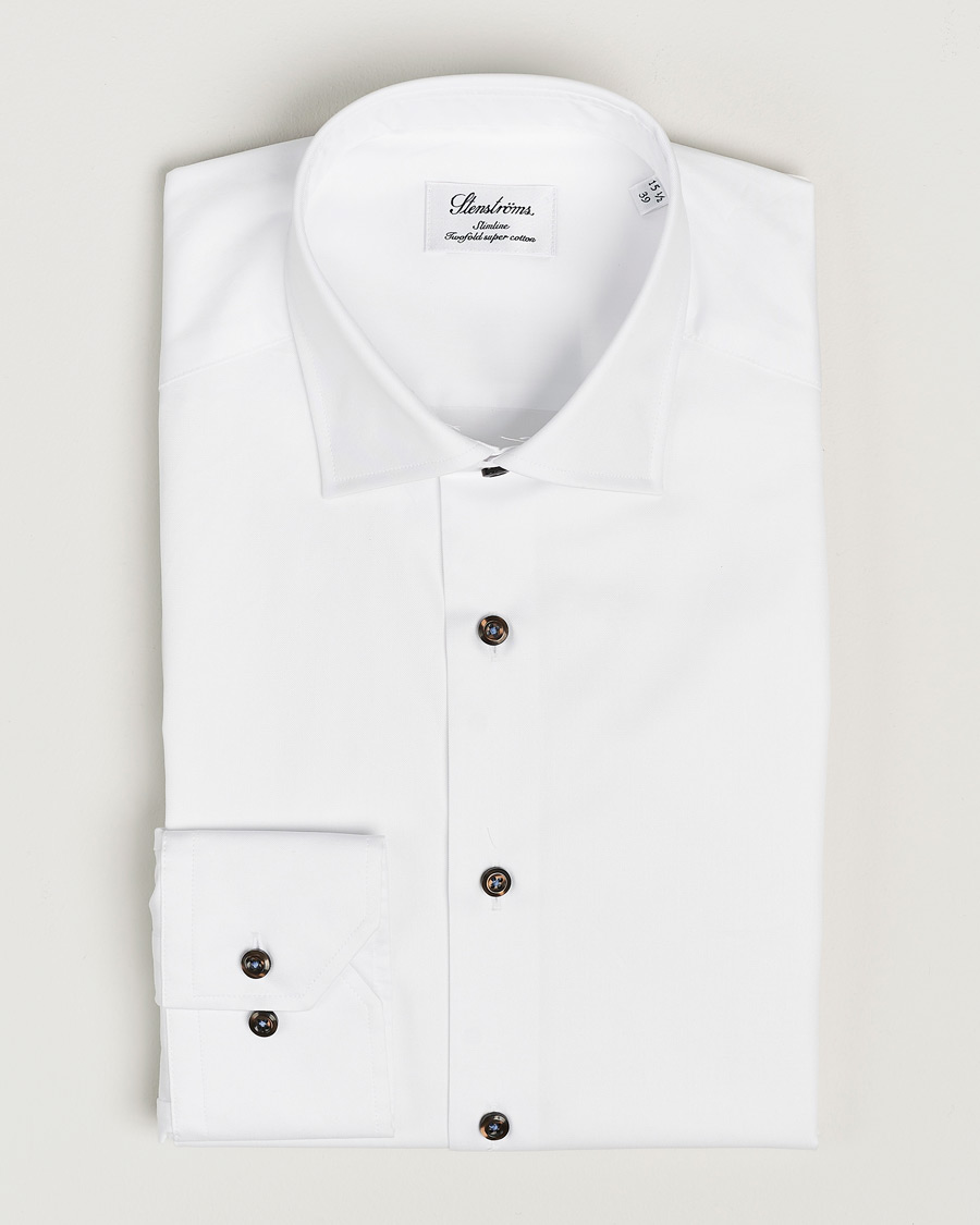 Men | Shirts | Stenströms | Slimline Cut Away Contrast Button Shirt White/Brown