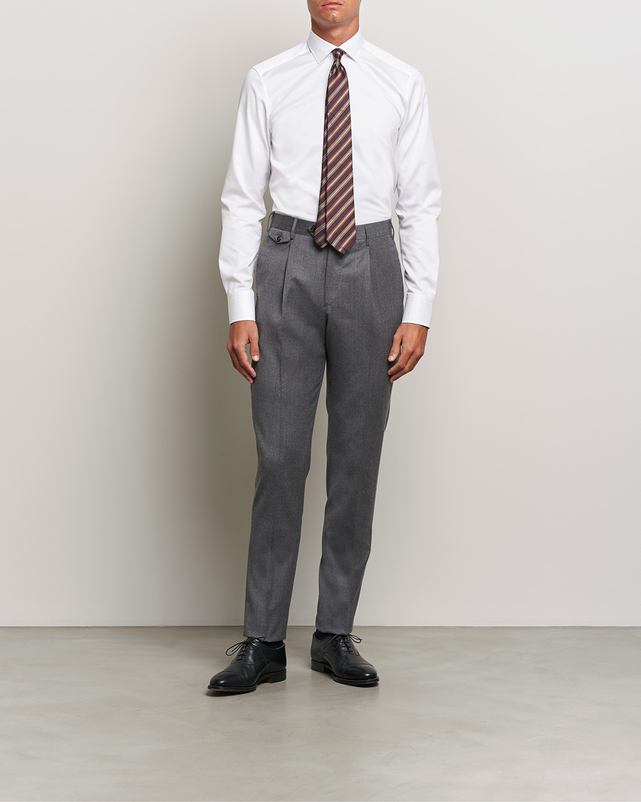 Men | Shirts | Stenströms | Slimline Cut Away Contrast Button Shirt White/Brown