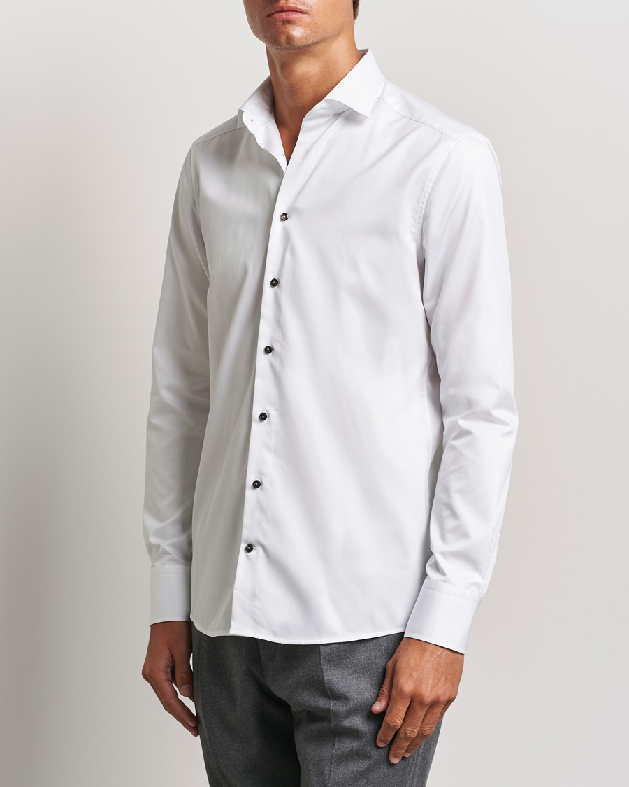 Men | Shirts | Stenströms | Slimline Cut Away Contrast Button Shirt White/Brown