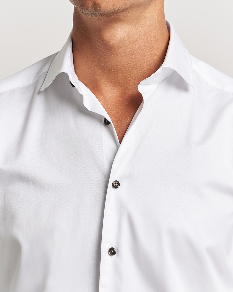 Men | Shirts | Stenströms | Slimline Cut Away Contrast Button Shirt White/Brown