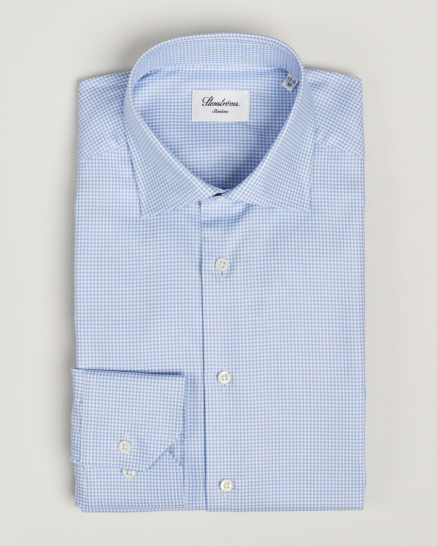 Men | Shirts | Stenströms | Slimline Houndstooth Cut Away Shirt Light Blue
