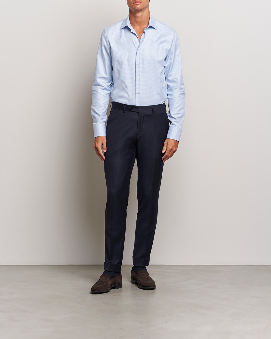 Men | Shirts | Stenströms | Slimline Houndstooth Cut Away Shirt Light Blue