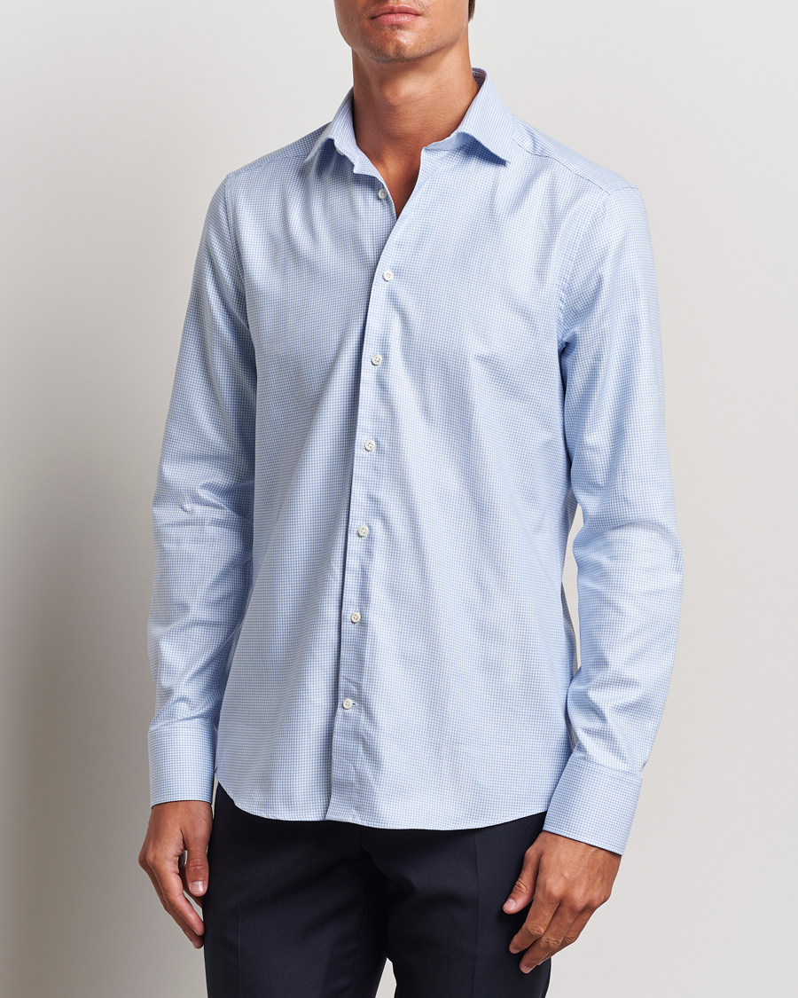 Men | Shirts | Stenströms | Slimline Houndstooth Cut Away Shirt Light Blue