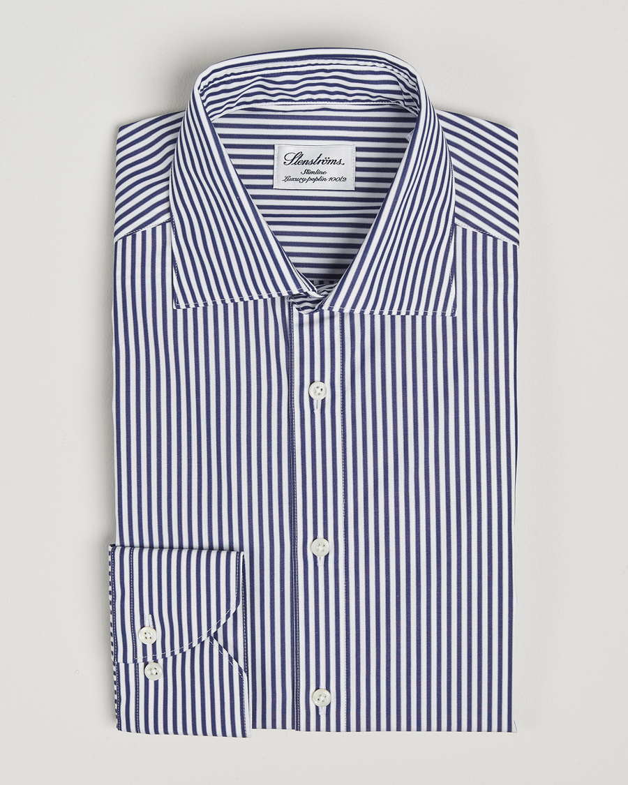 Men | Shirts | Stenströms | Slimline Striped Poplin Cut Away Shirt Blue