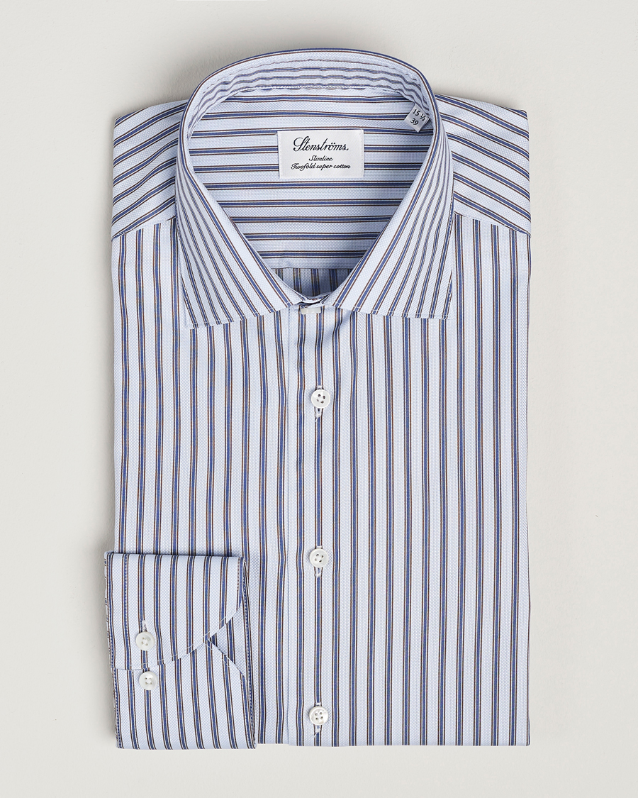 Men | Shirts | Stenströms | Slimline Striped Luxury Oxford Shirt Blue