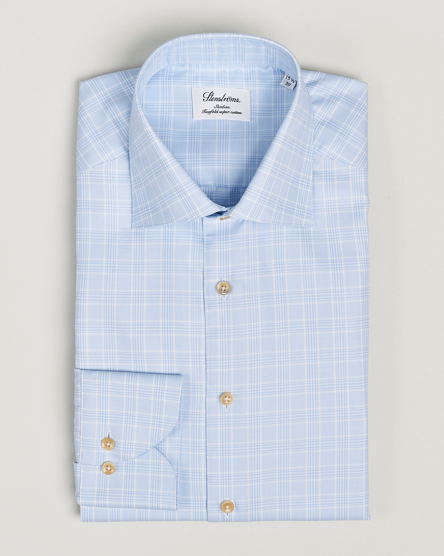 Men | Shirts | Stenströms | Slimline Checked Twill Cut Away Shirt Light Blue
