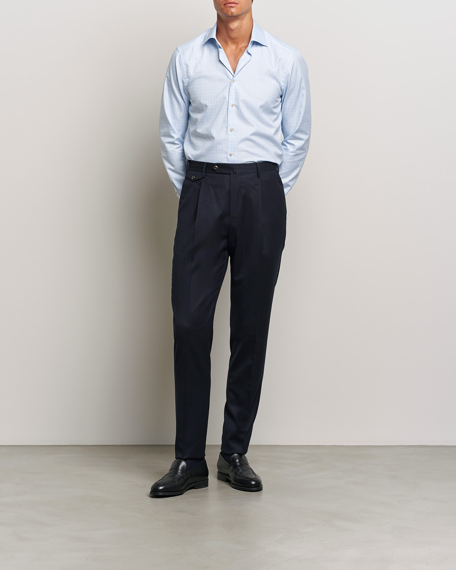 Men | Shirts | Stenströms | Slimline Checked Twill Cut Away Shirt Light Blue