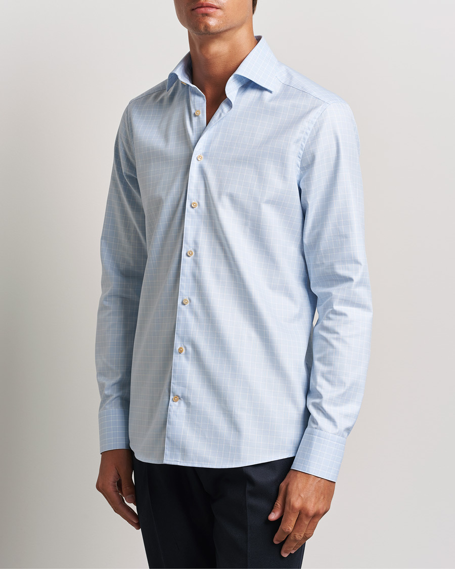 Men | Shirts | Stenströms | Slimline Checked Twill Cut Away Shirt Light Blue