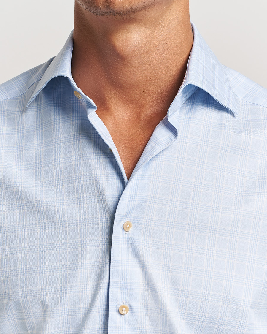 Men | Shirts | Stenströms | Slimline Checked Twill Cut Away Shirt Light Blue