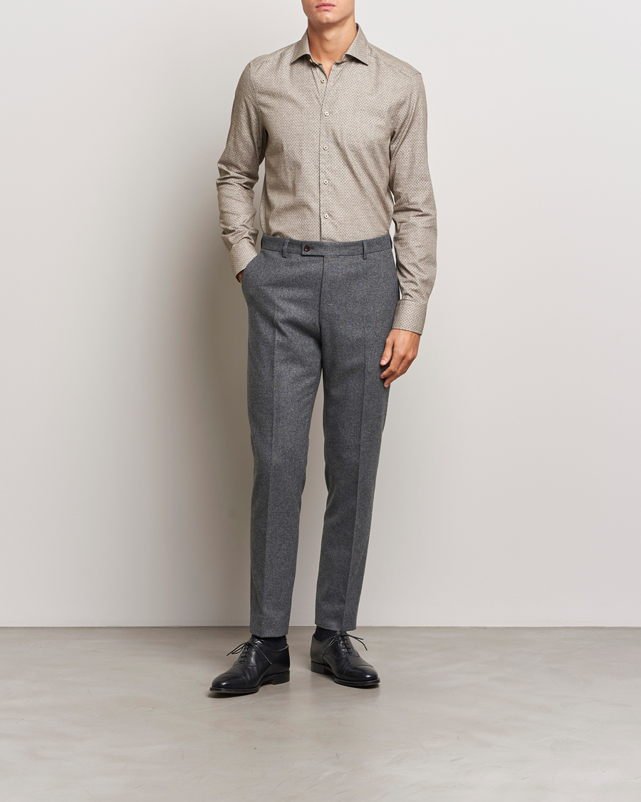 Men | Shirts | Stenströms | Slimline Brushed Printed Cut Away Shirt Beige
