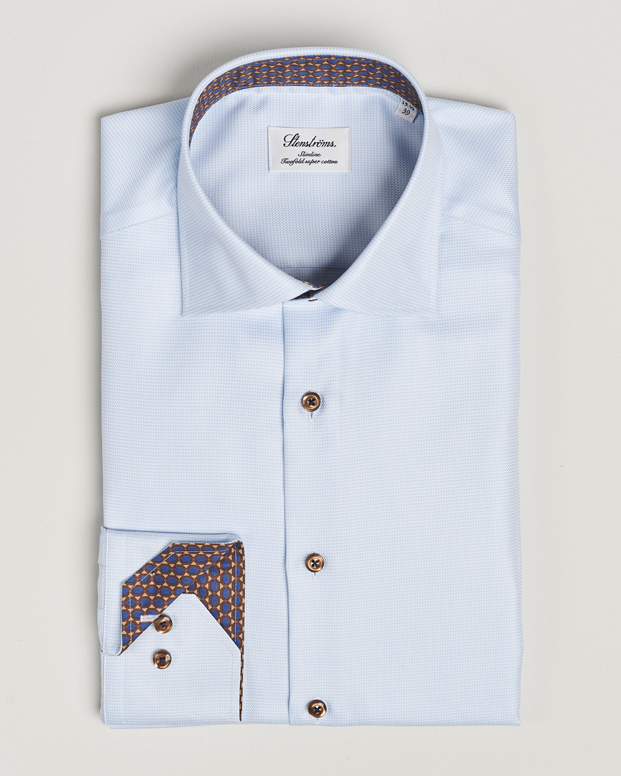 Men | Shirts | Stenströms | Slimline Houndstooth Contrast Shirt Blue