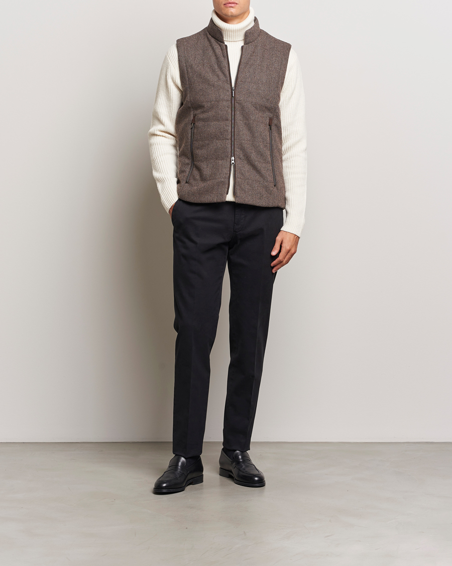 Men | Coats & Jackets | Stenströms | Alcantara Detail Herringbone Wool Vest Dark Brown