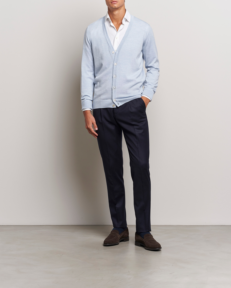 Men | Sweaters & Knitwear | Stenströms | Merino Cardigan Light Blue