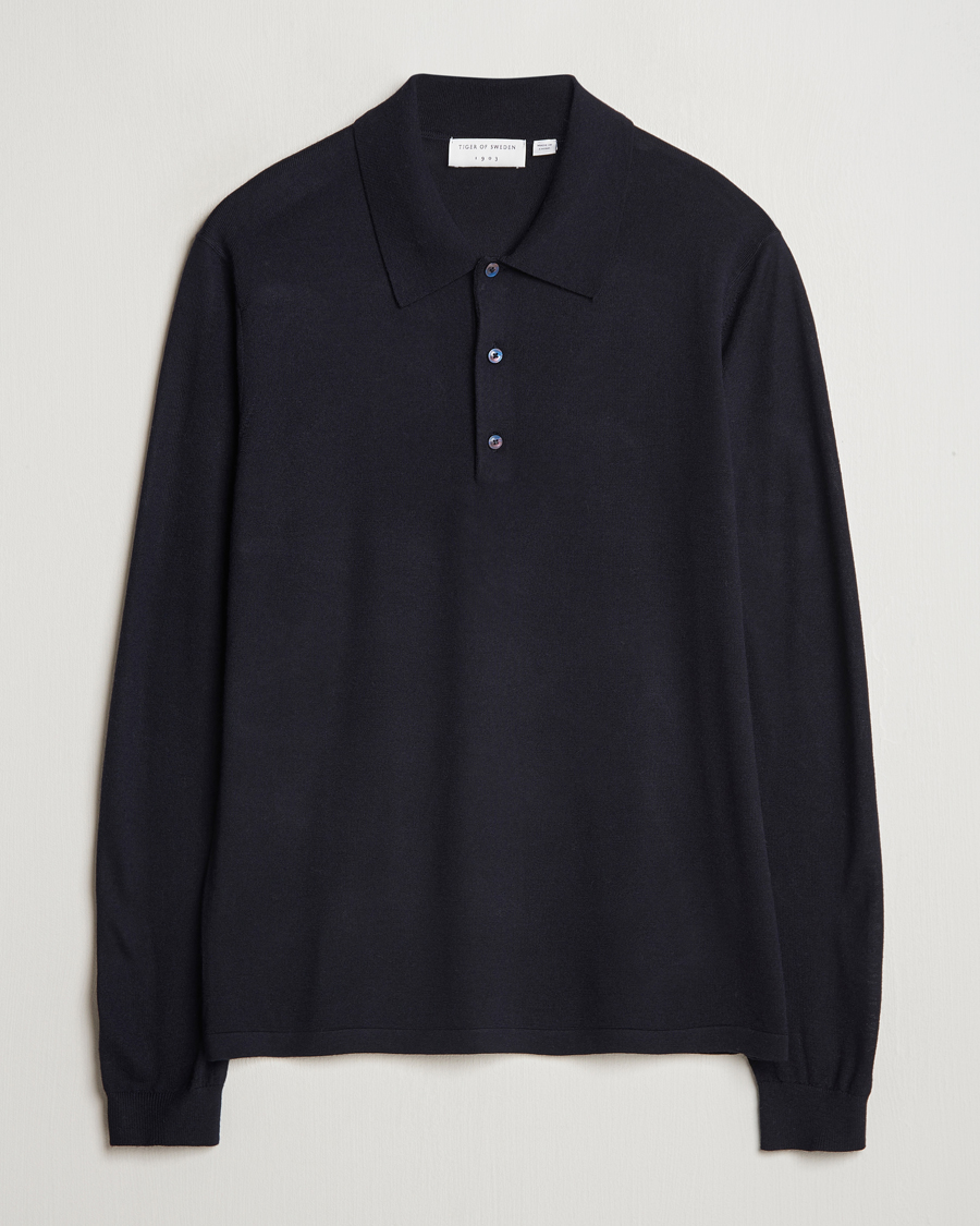 Men | Sweaters & Knitwear | Tiger of Sweden | Eross Extra Fine Merino Poloshirt Light Ink