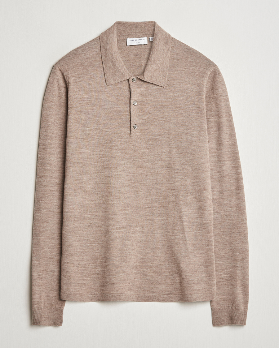 Men | Sweaters & Knitwear | Tiger of Sweden | Eross Extra Fine Merino Poloshirt Beige Melange