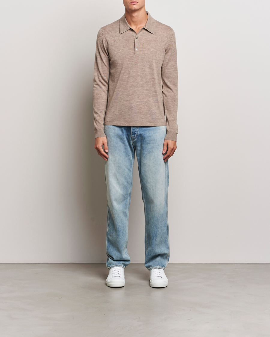Men | Sweaters & Knitwear | Tiger of Sweden | Eross Extra Fine Merino Poloshirt Beige Melange