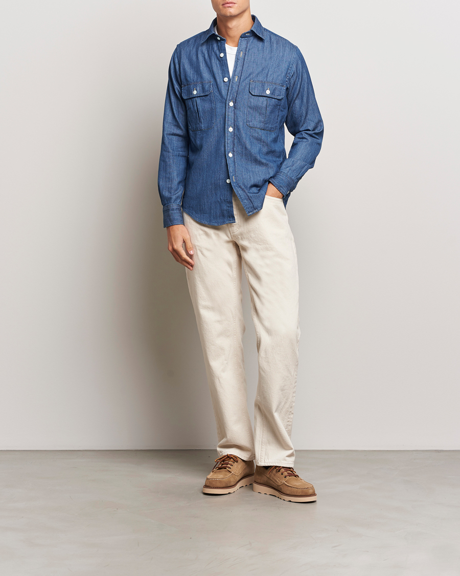 Men | Shirts | Drake's | Denim Cotton Two Pocket Work Shirt Blue